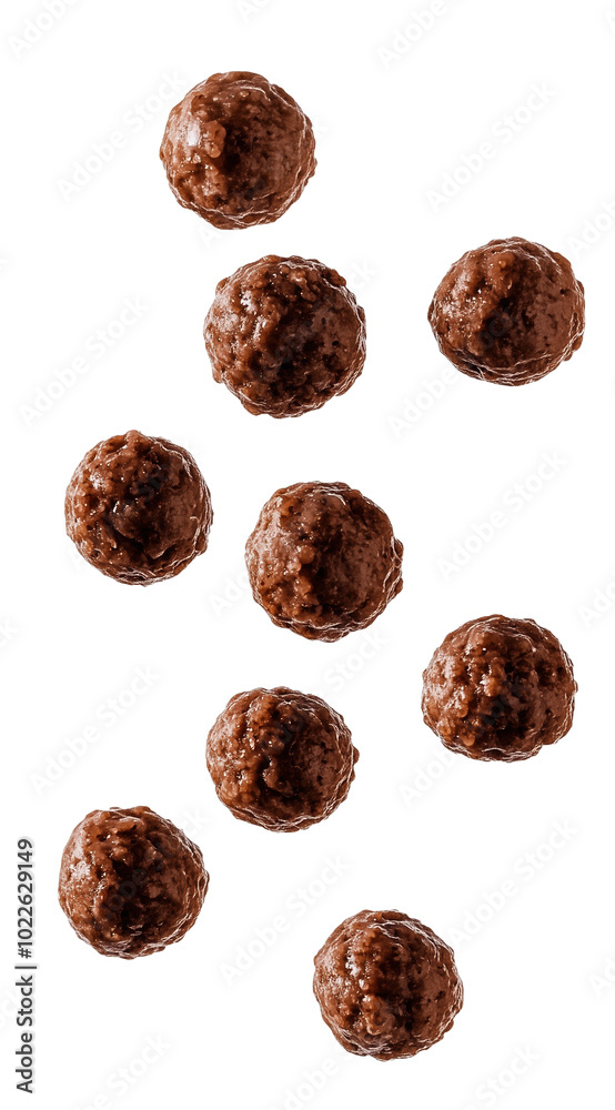 Cereal balls float in mid-air, capturing a whimsical breakfast moment Cereal balls float in mid-air, capturing a whimsical breakfast moment