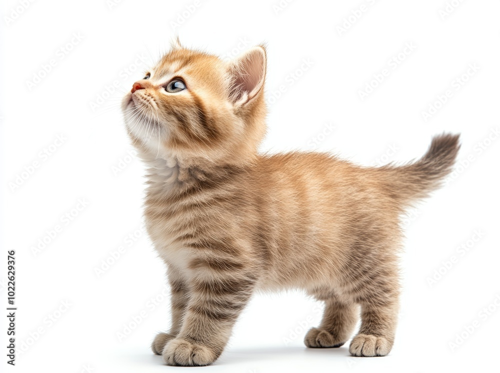 A cute, golden tabby kitten with blue eyes stands on a white background, looking up curiously. A cute, golden tabby kitten with blue eyes stands on a white background, looking up curiously.