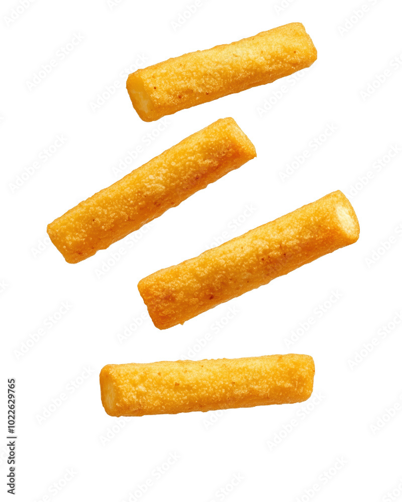 Cheesy delight in mid-air as golden sticks defy gravity in a playful display Cheesy delight in mid-air as golden sticks defy gravity in a playful display