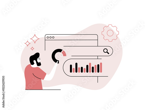 SEO Reporting Software. Generating reports for data analysis, tracking traffic, rankings, and conversion rates. Businesses focused on improving SEO performance and website visibility illustration
