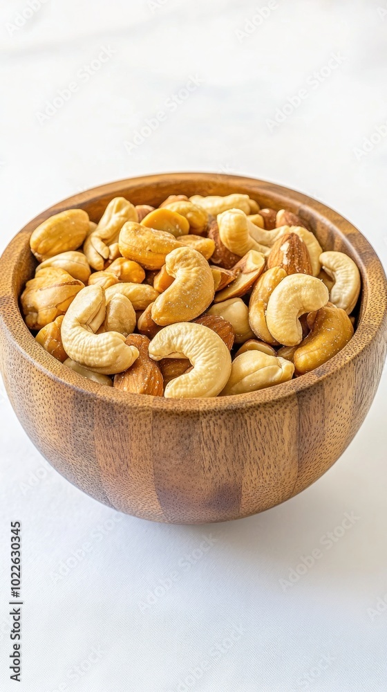 A wooden bowl filled with various cashew nuts, showcasing a healthy snack option. A wooden bowl filled with various cashew nuts, showcasing a healthy snack option.