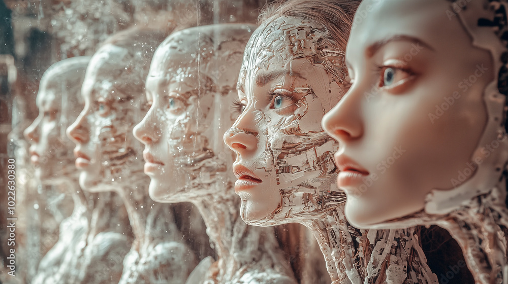 People in a futuristic sci-fi simulation world of androids, robots, cyborgs, biohacks, and avant-garde high-tech People in a futuristic sci-fi simulation world of androids, robots, cyborgs, biohacks, and avant-garde high-tech