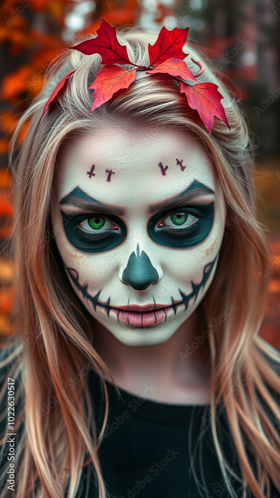 Spooky skeleton face paint portrait of a young Woman with autumn leaves hair accessory, Halloween or Day of the Dead celebration concept Spooky skeleton face paint portrait of a young Woman with autumn leaves hair accessory, Halloween or Day of the Dead celebration concept