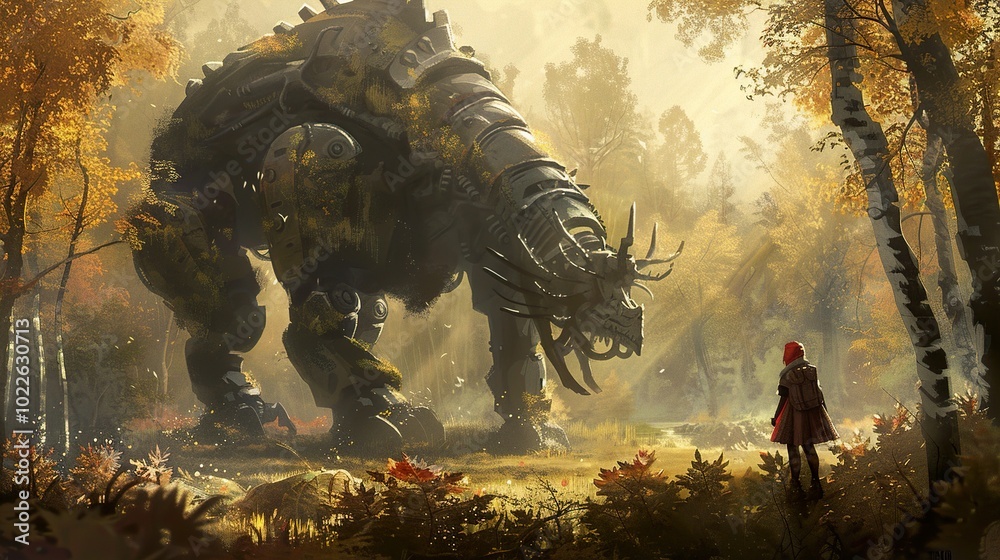 Enchanted Forest: A Giant Mechanical Creature in a Mystical Landscape Enchanted Forest: A Giant Mechanical Creature in a Mystical Landscape