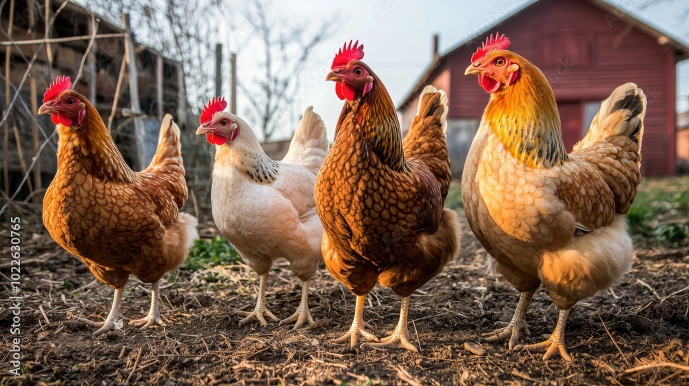 Fototapeta premium Vibrant Farm Chickens: Sunlit Barnyard Scene