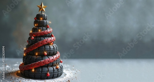 Decorative 3D Christmas tree made of car tires, golden star on top,garland on Christmas tree with yellow and red lights. Monochrome gray background,copy space. Creative concept,advertising banner,card