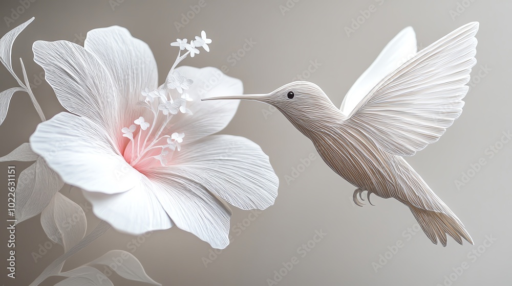Obraz premium Delicate layered paper cut hummingbird hovering near a flower, capturing depth and lightness, paper cut hummingbird, layered wildlife decor