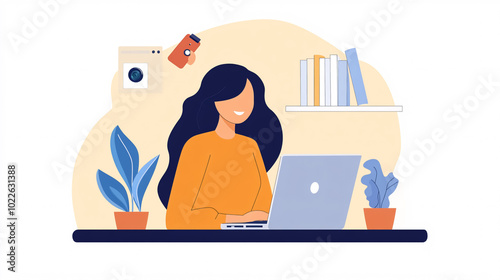 A woman has a video call with her team using a laptop and camera.