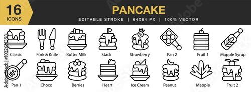 Pancake icon set. Editable Stroke Icon Collection. Includes  stack, berries, butter, choco, fruit, heart, and More. Outline icons vector collection.