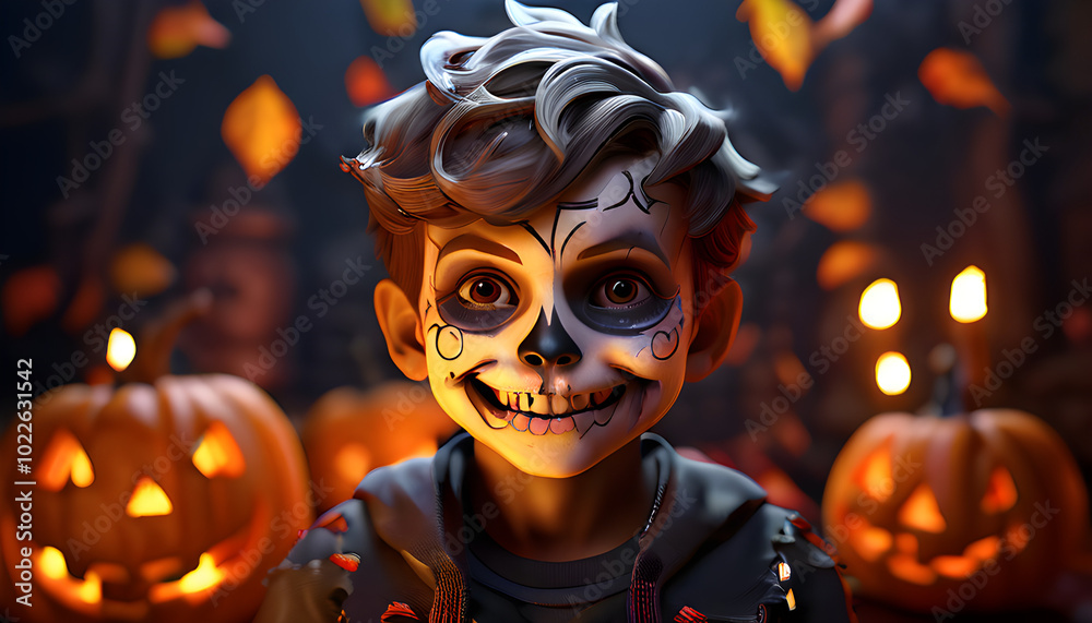 Kid in Skull Face Makeup with Halloween jack o lantern For Horror Monster Cosplay Costume Dia de Muertos Festival Holiday Illustration Kid in Skull Face Makeup with Halloween jack o lantern For Horror Monster Cosplay Costume Dia de Muertos Festival Holiday Illustration
