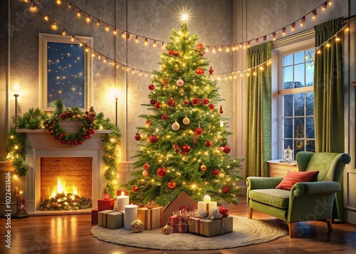 Christmas Tree with Garland for Festive Holiday Decor and Greeting Cards