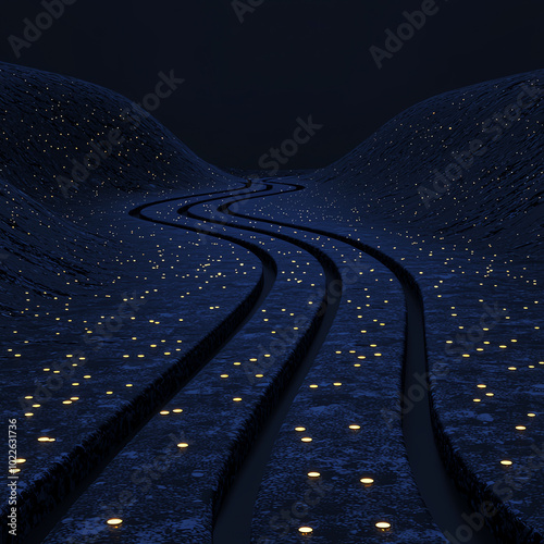 Landscape with winding paths illuminated by glowing lights, set against a dark backdrop, creating an enchanting and dreamlike atmosphere.