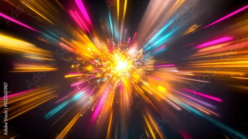 A bright, colorful explosion of light streaks against a dark background