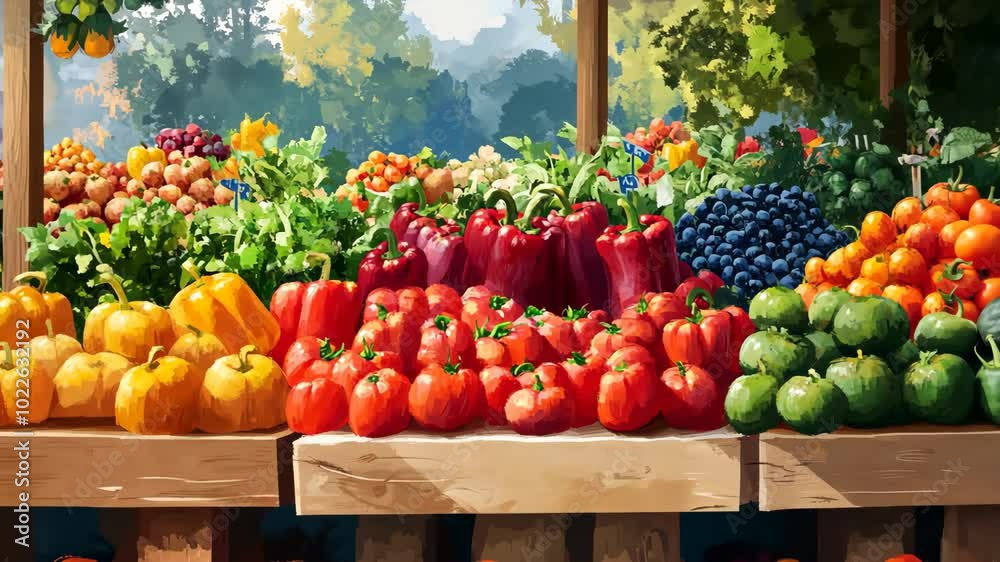 A colorful display of fresh produce sits on a wooden stand at a market