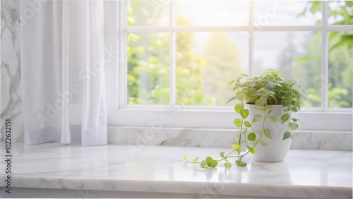 Elegant white marble countertop with a window view, adorned with curtains and vine leaves, creating a serene morning ambiance.