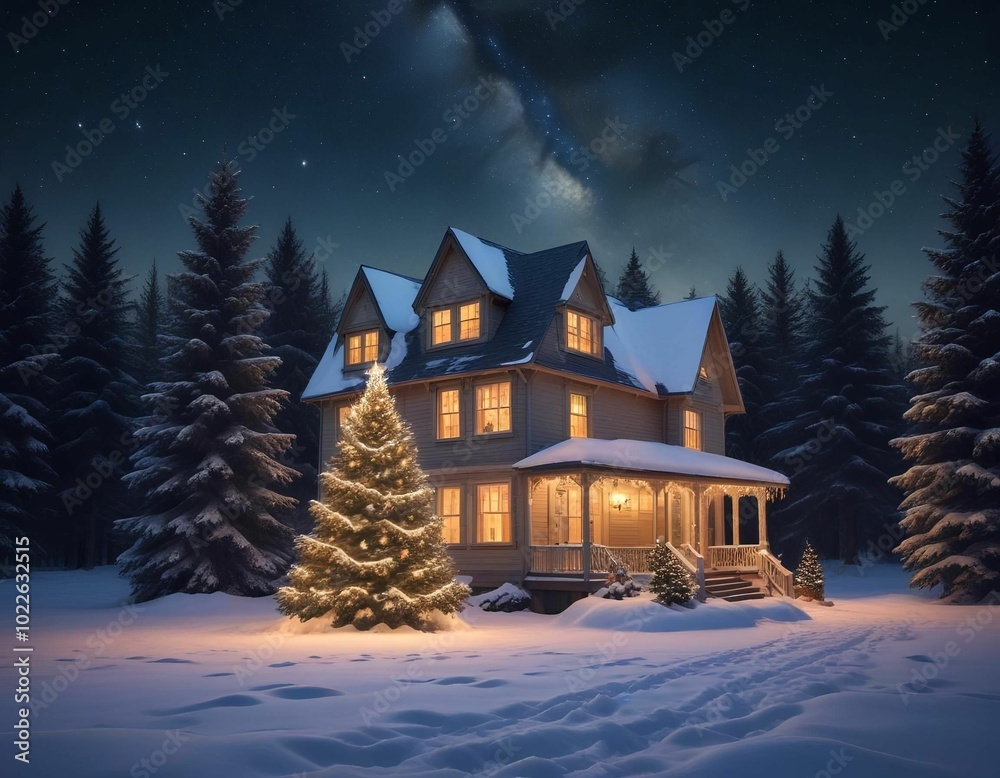 house with a wrap-around porch, surrounded by snow-covered pine trees. The house is illuminated with warm, glowing lights, and a decorated Christmas tree stands in the foreground. The night sky house with a wrap-around porch, surrounded by snow-covered pine trees. The house is illuminated with warm, glowing lights, and a decorated Christmas tree stands in the foreground. The night sky
