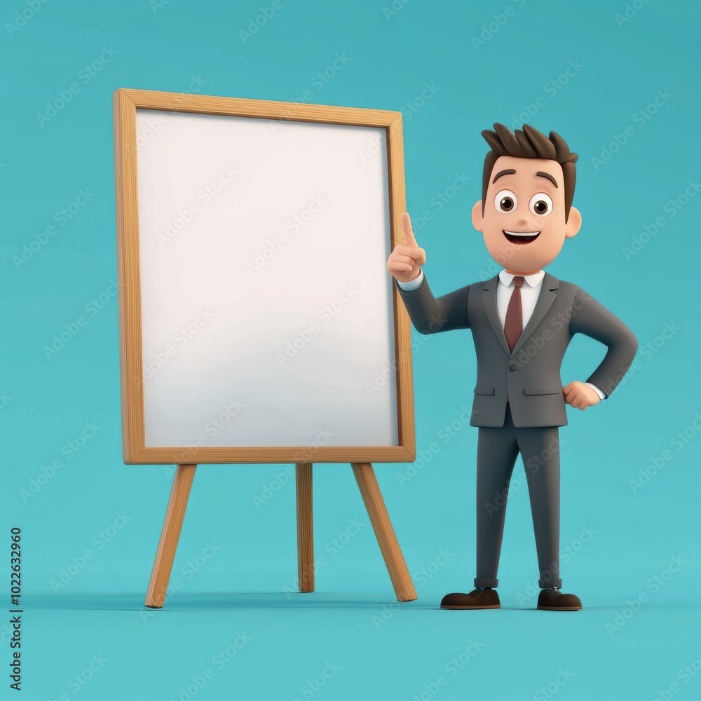 Confident Cartoon Character Presenting on Whiteboard in Office Setting Confident Cartoon Character Presenting on Whiteboard in Office Setting