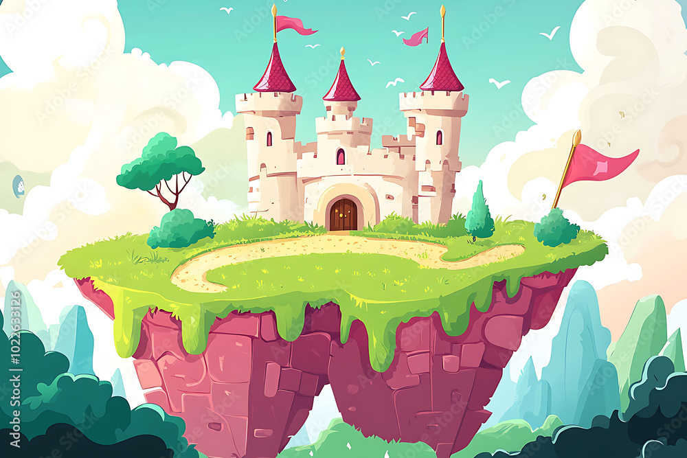 Magic castle on island. Imagination, dream and fantasy. 