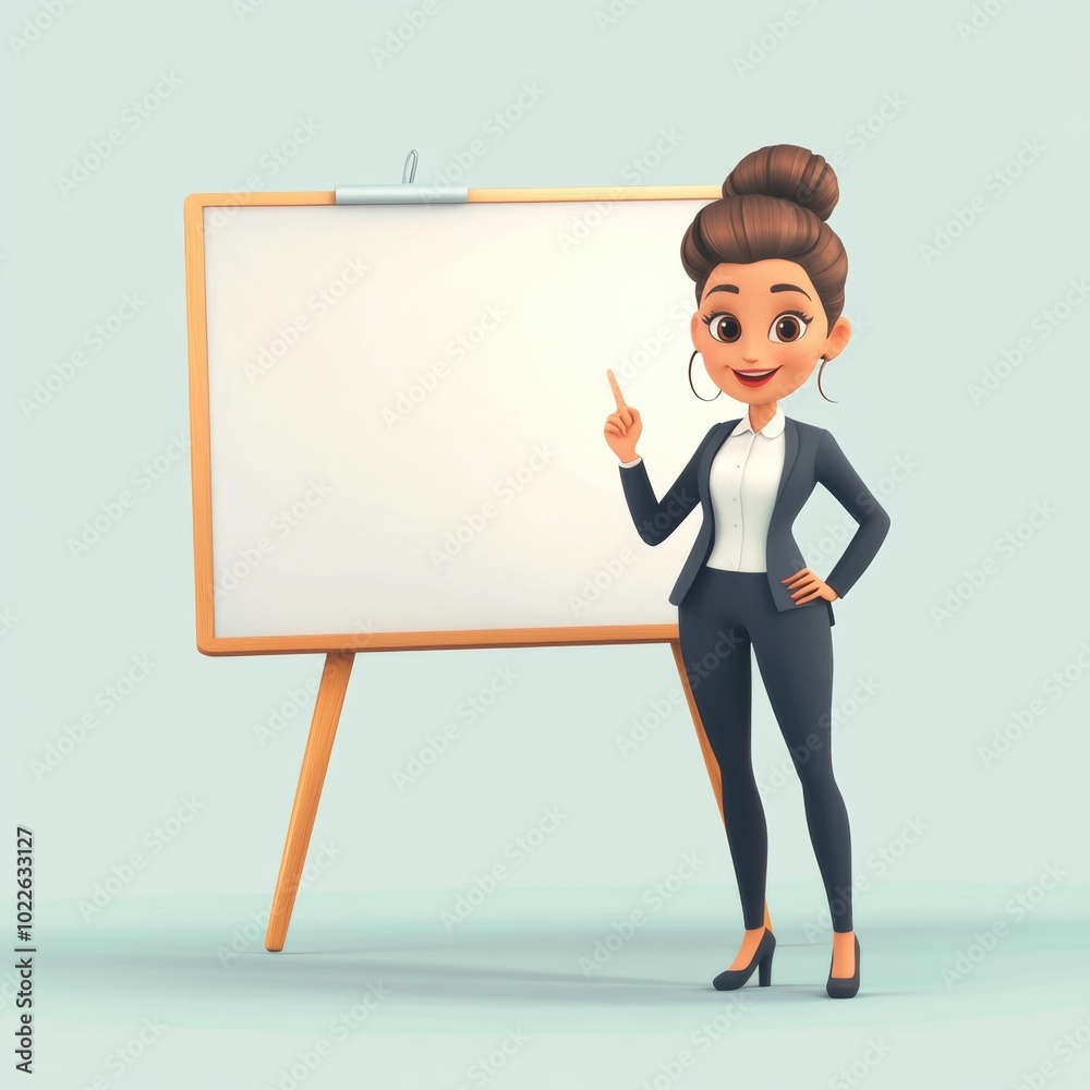Confident Business Woman Presenting at Whiteboard in Office Setting Confident Business Woman Presenting at Whiteboard in Office Setting