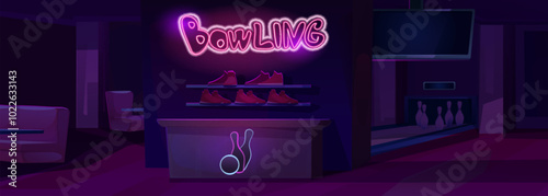 Empty closed bowling club interior at night. Dark indoor game center with neon glow sign and player shoes on wall, alley with skittles and tournament scoreboard screen, tables and sofa for leisure.