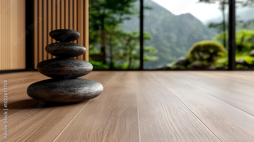 Decorative stones stacked in a serene indoor environment with natural views. Decorative stones stacked in a serene indoor environment with natural views.