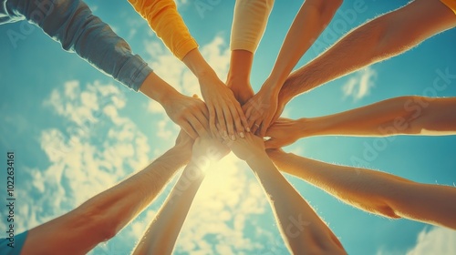A group of people stand in a circle, their hands joined together, reaching up towards the sun in a symbol of unity and collaboration.