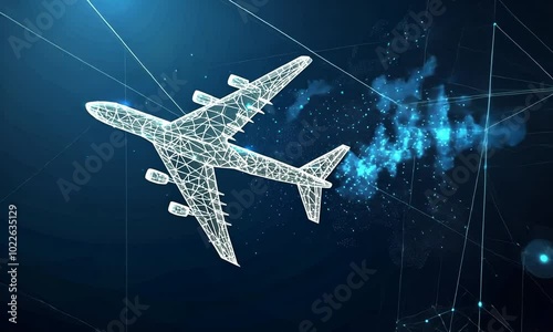 A 3D wireframe representation of an airplane, isolated against a dark blue background, rendered in an abstract vector style