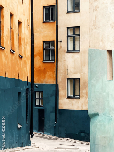 A unique scene of a Svandinavian building with a colorful facade, with a black door on the right side. The facade is painted in a variety of colors, creating a vibrant and lively atmosphere. photo