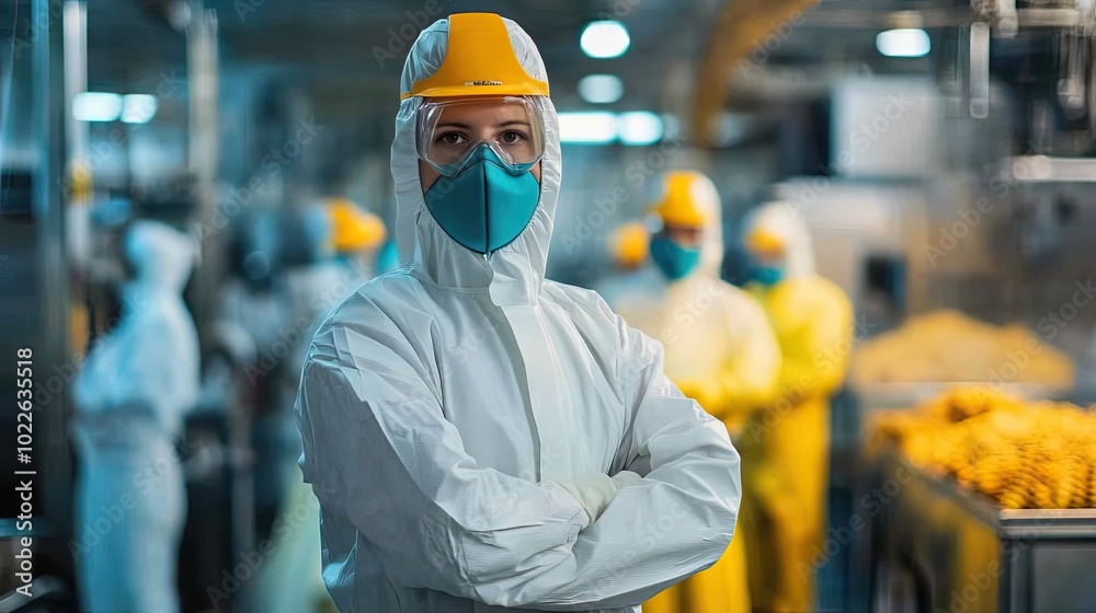 A Woman in Protective Gear Stands in a Factory Setting A Woman in Protective Gear Stands in a Factory Setting