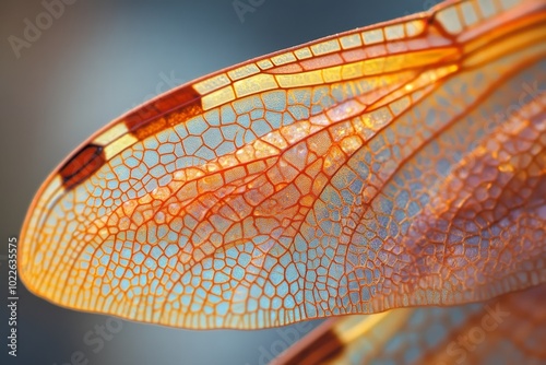 Closeup Macro Photography of Dragonfly Wing with Orange Veins and Blue Pattern