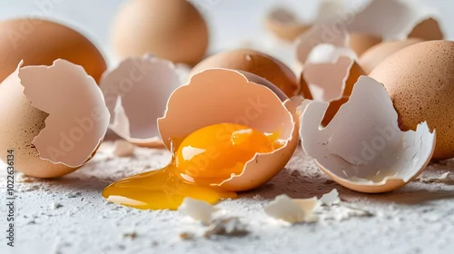 Fototapeta Cracked egg with yolk spilling out surrounded by empty eggshells, symbolizing food safety recall on clean white surface
