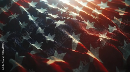 Close-up of a Waving American Flag with Sunlight photo