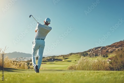 Golfer Swinging On Golf Course With Green Grass And Blue Sky