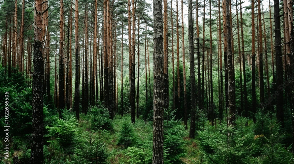 A dense forest filled with tall, dark green pine trees and light green ferns, with a path leading through the center. A dense forest filled with tall, dark green pine trees and light green ferns, with a path leading through the center.