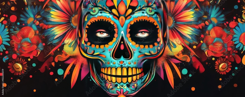 Vibrant sugar skull art with intricate floral designs, symbolizing the Day of the Dead celebration in a colorful and artistic style.