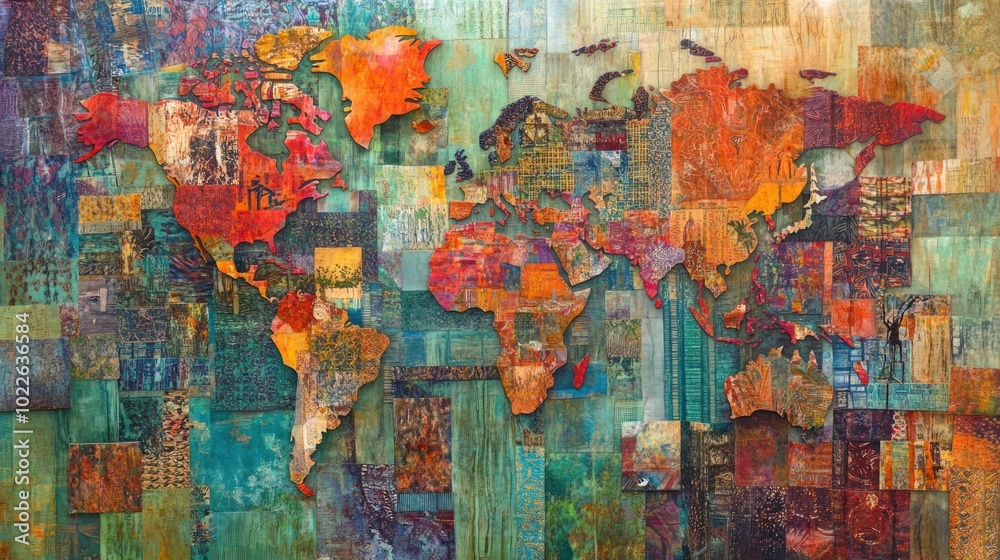 Fototapeta premium A colorful world map artwork made from textured materials, showcasing global diversity.