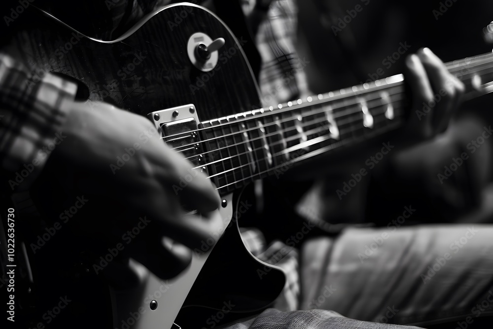 Fototapeta premium Playing Electric Guitar: Closeup View of Frets and Strings