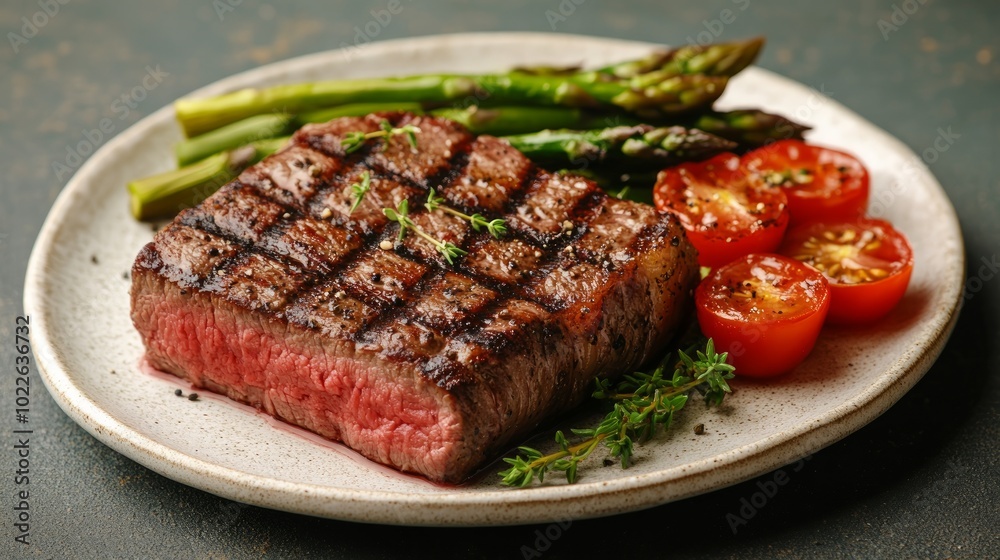 A juicy grilled steak with asparagus and cherry tomatoes on a white plate. A juicy grilled steak with asparagus and cherry tomatoes on a white plate.