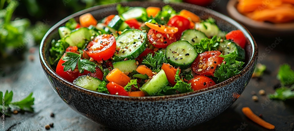 Fresh and Colorful Salad with Tomatoes, Cucumbers, and Parsley in a Bowl Fresh and Colorful Salad with Tomatoes, Cucumbers, and Parsley in a Bowl