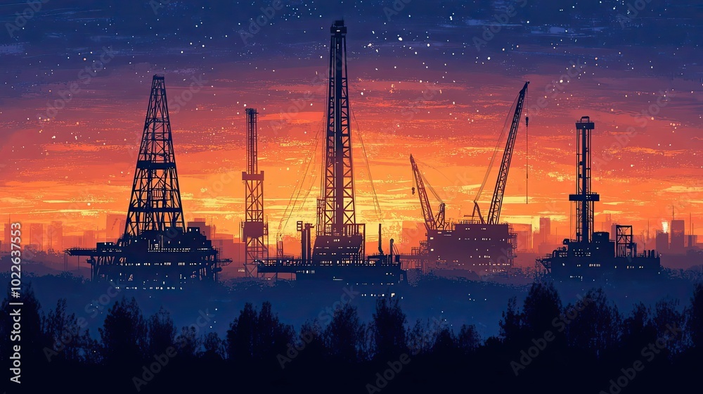 Obraz premium Silhouetted Oil Rigs Against a Starry Sunset Sky