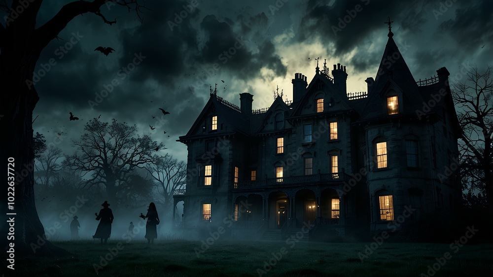 Ghostly Silhouettes Floating Near Haunted Mansion: Eerie Scene with Dark Clouds and Moonlight Ghostly Silhouettes Floating Near Haunted Mansion: Eerie Scene with Dark Clouds and Moonlight