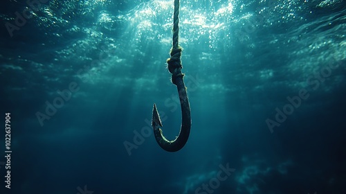 A single rusty hook hangs in the blue ocean depths.