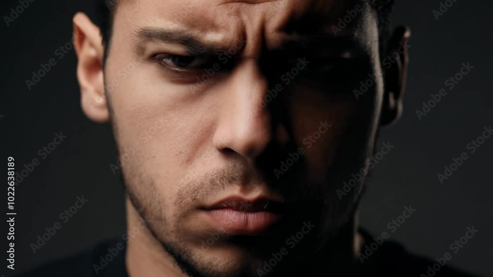 Dramatic close-up video of a young man with a beard, expressing frustration with static camera movement and dramatic side lighting against a neutral black background. Dramatic close-up video of a young man with a beard, expressing frustration with static camera movement and dramatic side lighting against a neutral black background.