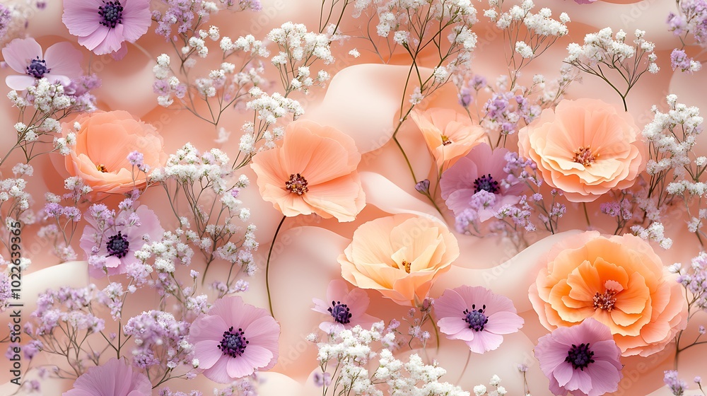 Baby’s breath and wildflowers in soft pastel hues of peach and lilac, delicately arranged in a seamless repeating floral pattern, hd quality, detailed floral elements, subtle lighting, Baby’s breath and wildflowers in soft pastel hues of peach and lilac, delicately arranged in a seamless repeating floral pattern, hd quality, detailed floral elements, subtle lighting,