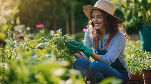 Woman wearing gardening gloves, sitting in a garden and watering plants.