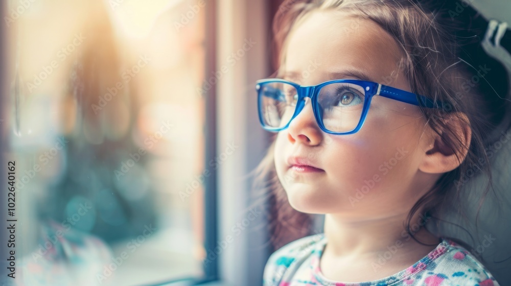 Young child wearing blue glasses focusing on distant tree outside window, symbolizing myopia prevention and importance of outdoor activities. Young child wearing blue glasses focusing on distant tree outside window, symbolizing myopia prevention and importance of outdoor activities.