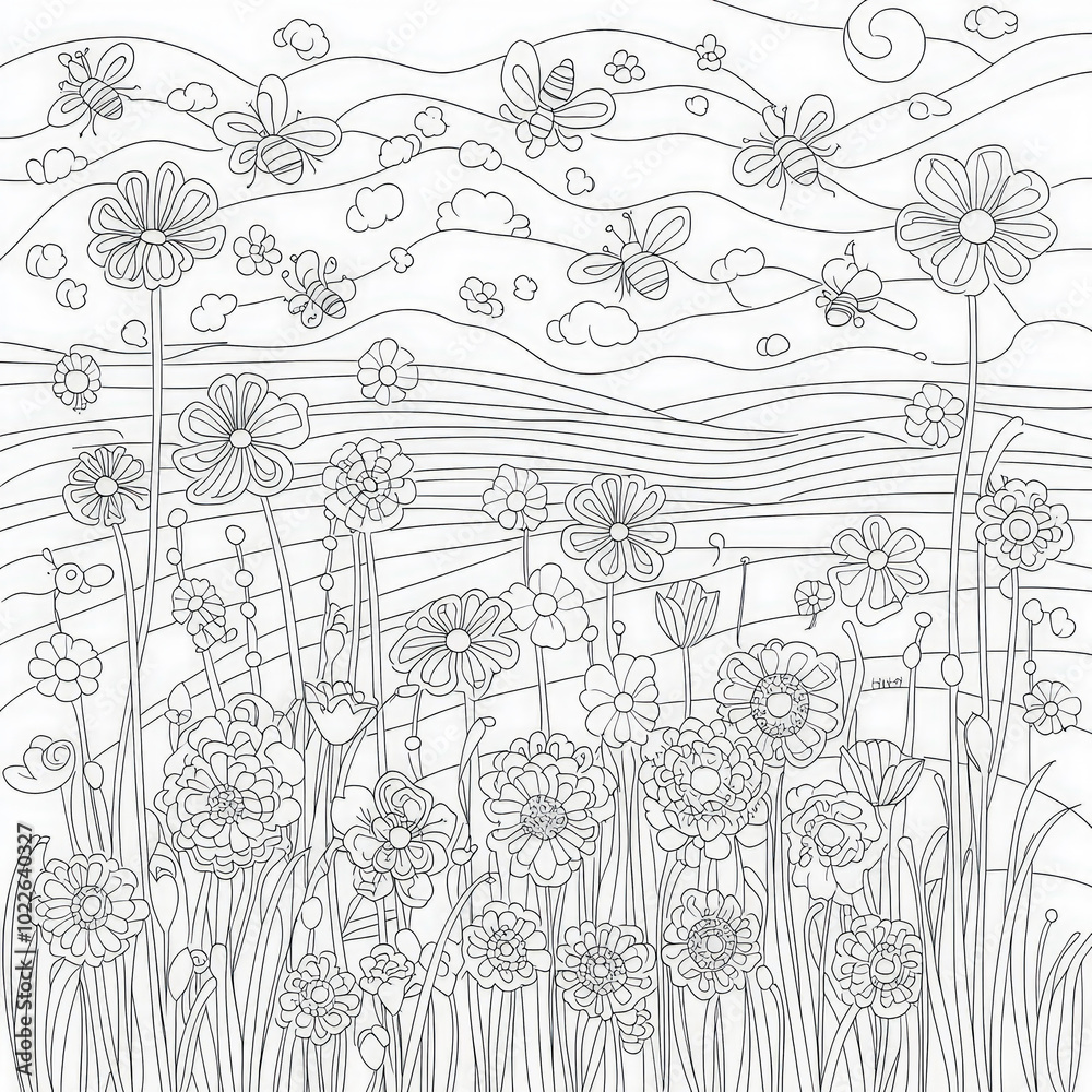 Obraz premium A vibrant flower field with bees buzzing, coloring page for kids, simple outline illustration. Coloring book, simple lines.