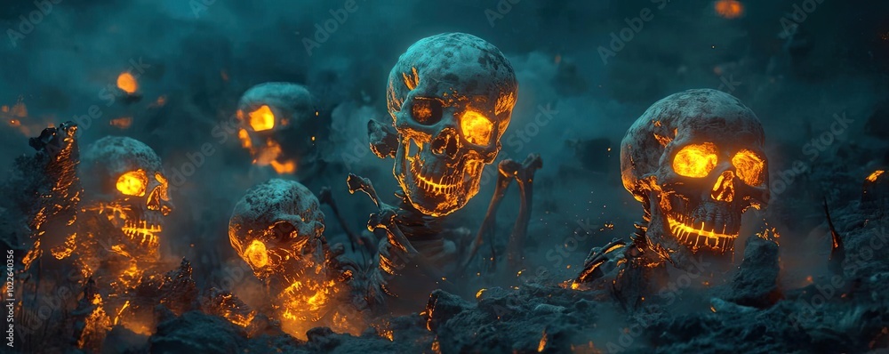 A haunting scene featuring glowing skulls in a foggy, mystical landscape, evoking themes of mystery and the supernatural. A haunting scene featuring glowing skulls in a foggy, mystical landscape, evoking themes of mystery and the supernatural.