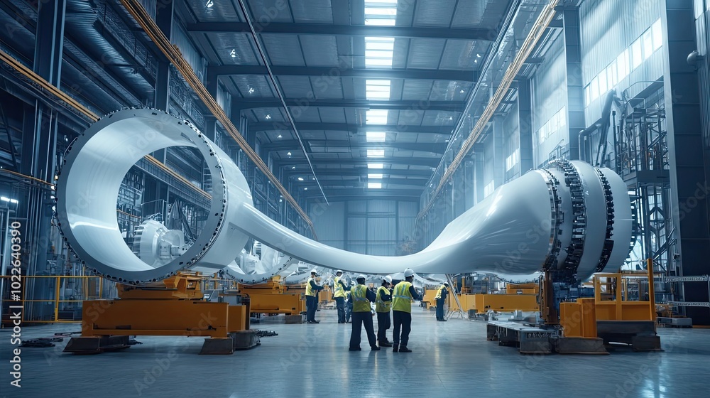 Workers Inspecting a Large Wind Turbine Blade in a Factory Workers Inspecting a Large Wind Turbine Blade in a Factory