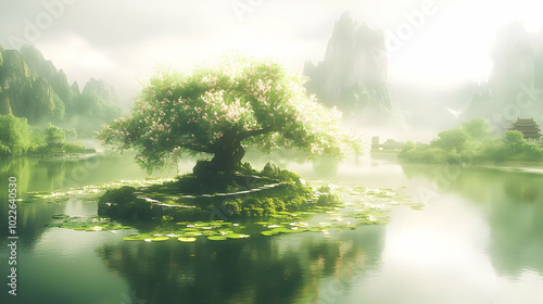 Serene Landscape with a Blooming Tree on a Misty Lake Surrounded by Lush Greenery and Majestic Mountains
